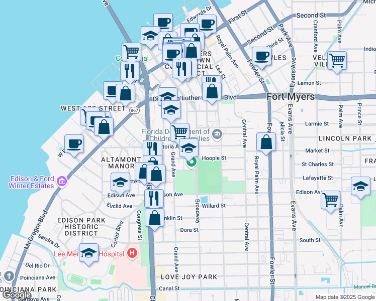 map of restaurants, bars, coffee shops, grocery stores, and more near 2122 Victoria Avenue in Fort Myers