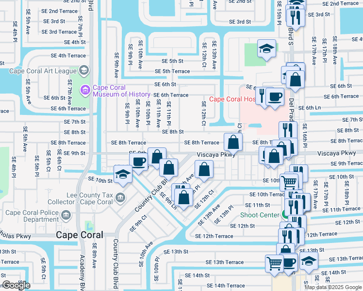 map of restaurants, bars, coffee shops, grocery stores, and more near 1111 Southeast 8th Terrace in Cape Coral