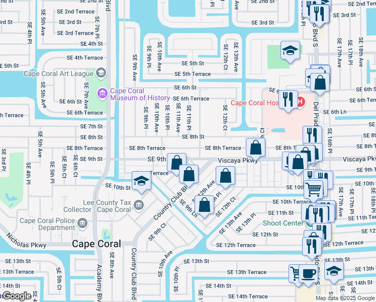 map of restaurants, bars, coffee shops, grocery stores, and more near 1026 Southeast 8th Terrace in Cape Coral