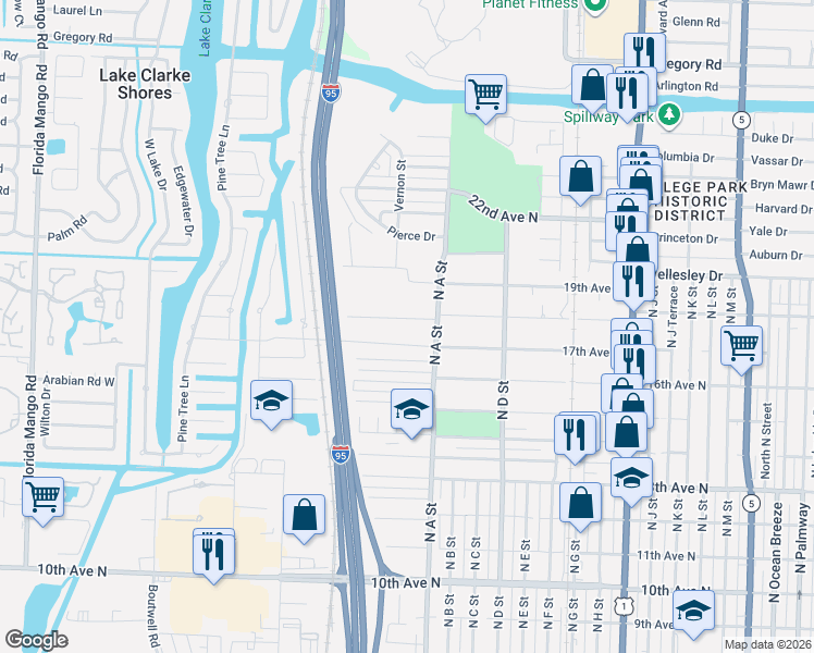 map of restaurants, bars, coffee shops, grocery stores, and more near 1727 18th Ave N in Lake Worth