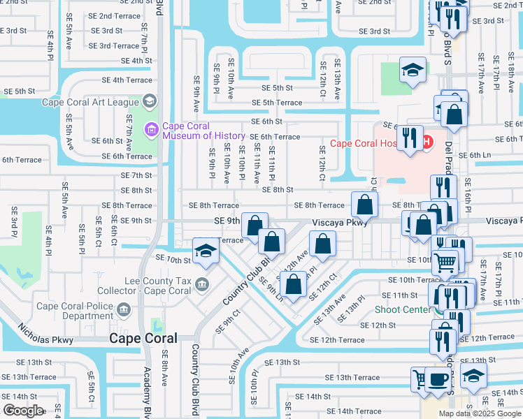 map of restaurants, bars, coffee shops, grocery stores, and more near 1026 Southeast 8th Terrace in Cape Coral