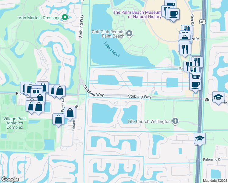 map of restaurants, bars, coffee shops, grocery stores, and more near 4591 Siena Circle in Wellington
