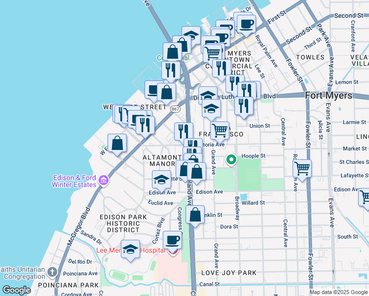 map of restaurants, bars, coffee shops, grocery stores, and more near 2208 Cleveland Avenue in Fort Myers