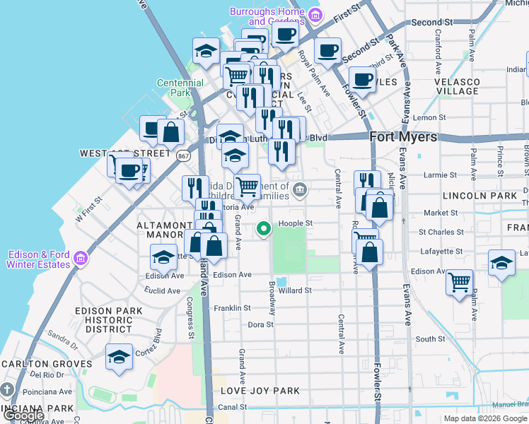 map of restaurants, bars, coffee shops, grocery stores, and more near 2205 Broadway in Fort Myers