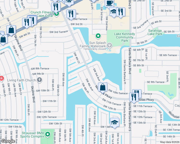 map of restaurants, bars, coffee shops, grocery stores, and more near 814 Southwest 3rd Avenue in Cape Coral