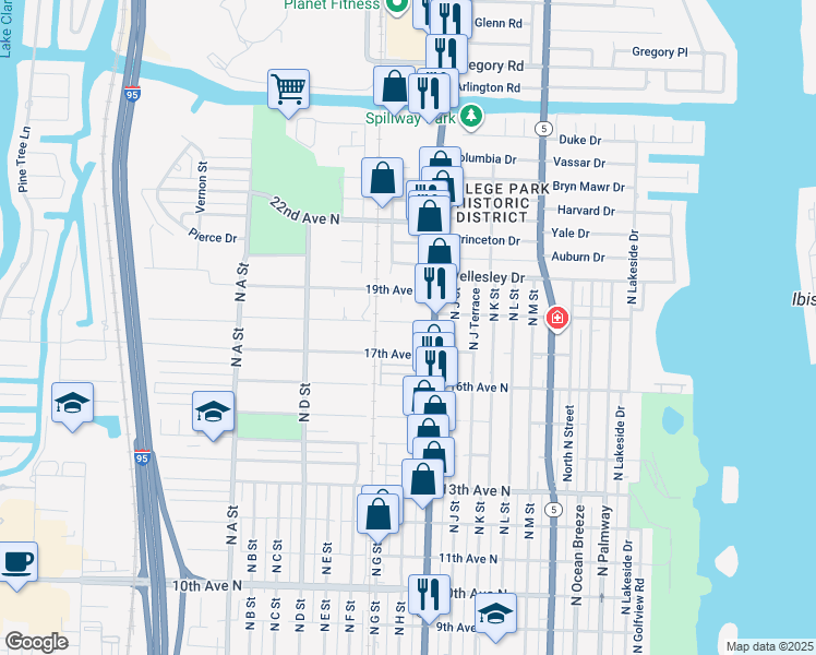 map of restaurants, bars, coffee shops, grocery stores, and more near 1128 18th Avenue North in Lake Worth