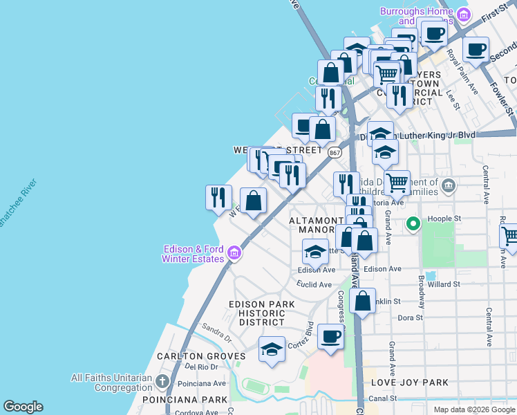 map of restaurants, bars, coffee shops, grocery stores, and more near 2250 McGregor Boulevard in Fort Myers