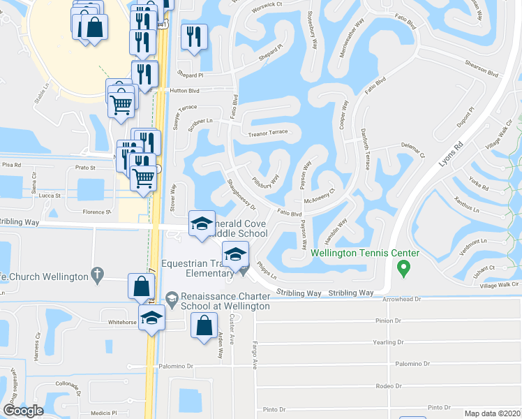 map of restaurants, bars, coffee shops, grocery stores, and more near 2820 Shaughnessy Drive in Wellington