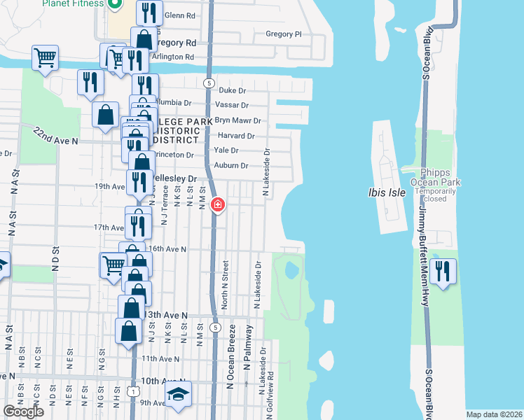 map of restaurants, bars, coffee shops, grocery stores, and more near 1725 North Lakeside Drive in Lake Worth