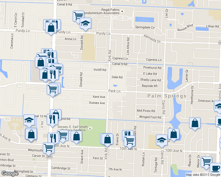 map of restaurants, bars, coffee shops, grocery stores, and more near 3981 Park Lane in West Palm Beach
