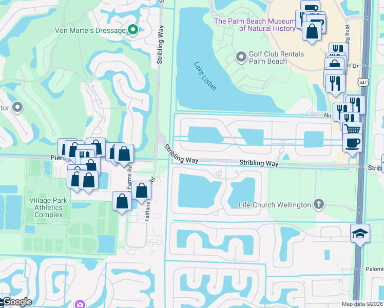 map of restaurants, bars, coffee shops, grocery stores, and more near 4399 Siena Circle in Wellington