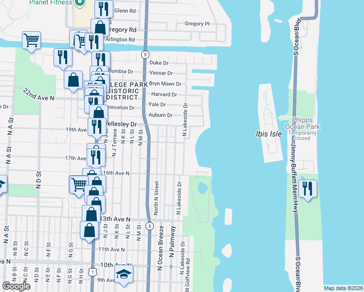 map of restaurants, bars, coffee shops, grocery stores, and more near 1725 North Lakeside Drive in Lake Worth