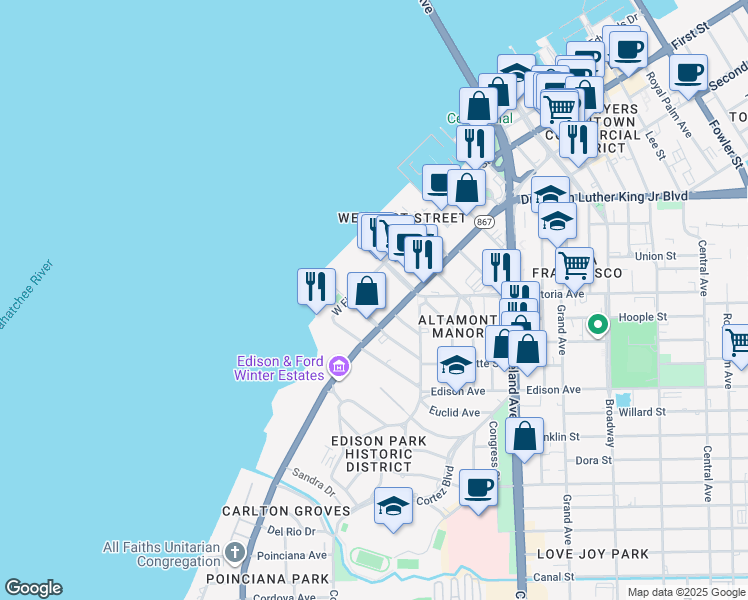 map of restaurants, bars, coffee shops, grocery stores, and more near in Fort Myers