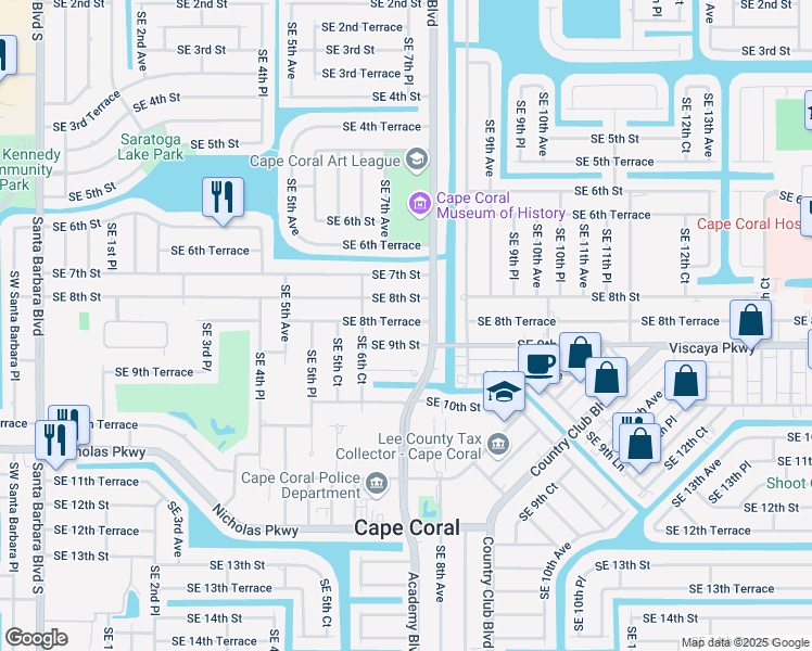 map of restaurants, bars, coffee shops, grocery stores, and more near 708 Southeast 8th Terrace in Cape Coral