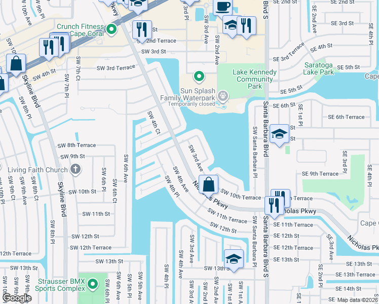 map of restaurants, bars, coffee shops, grocery stores, and more near 814 Southwest 3rd Avenue in Cape Coral