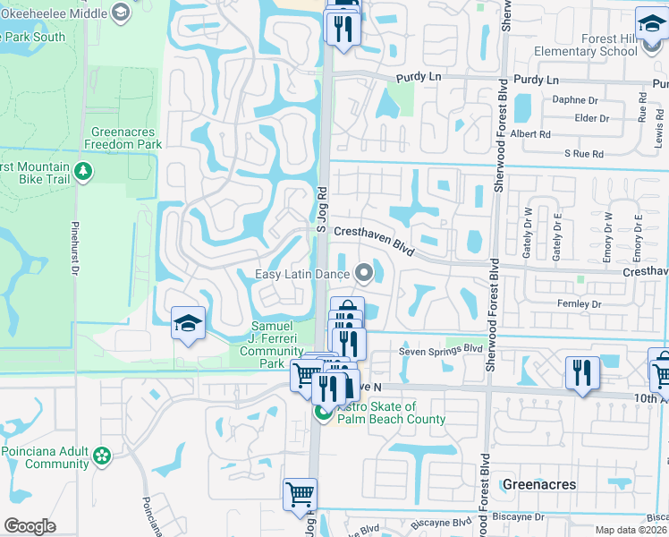 map of restaurants, bars, coffee shops, grocery stores, and more near 710 Sunny Pine Way in Greenacres