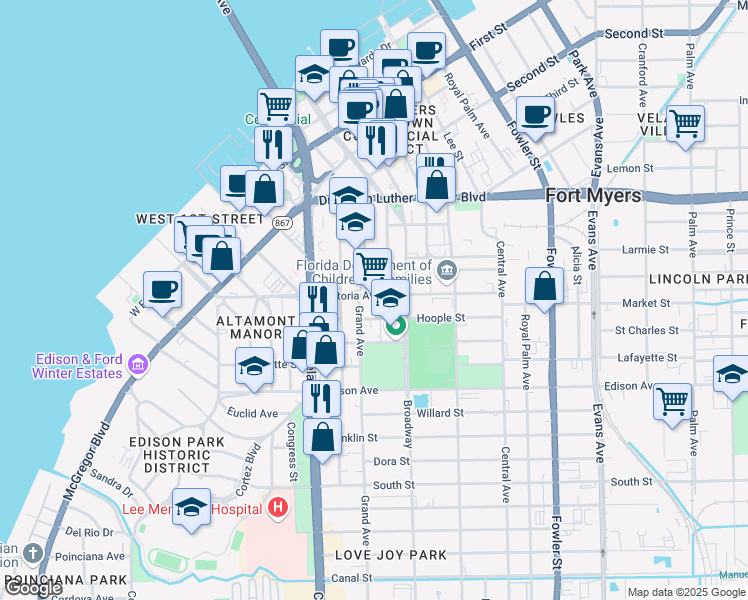 map of restaurants, bars, coffee shops, grocery stores, and more near 2122 Victoria Avenue in Fort Myers