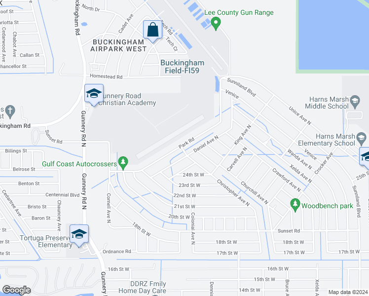 map of restaurants, bars, coffee shops, grocery stores, and more near 2400 Park Road in Lehigh Acres