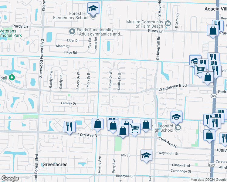 map of restaurants, bars, coffee shops, grocery stores, and more near 5738 Cresthaven Boulevard in West Palm Beach