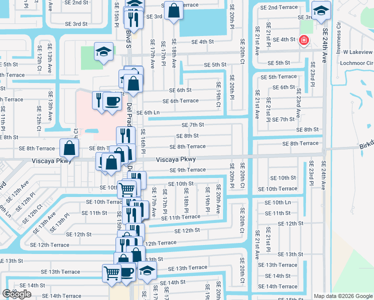 map of restaurants, bars, coffee shops, grocery stores, and more near 1818 Southeast 8th Terrace in Cape Coral