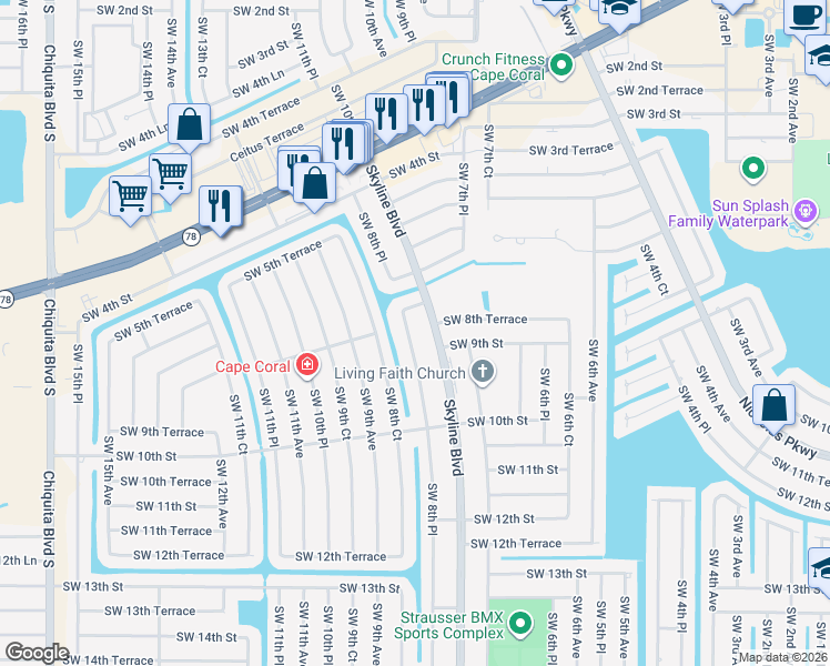 map of restaurants, bars, coffee shops, grocery stores, and more near 813 SW 8th Pl in Cape Coral
