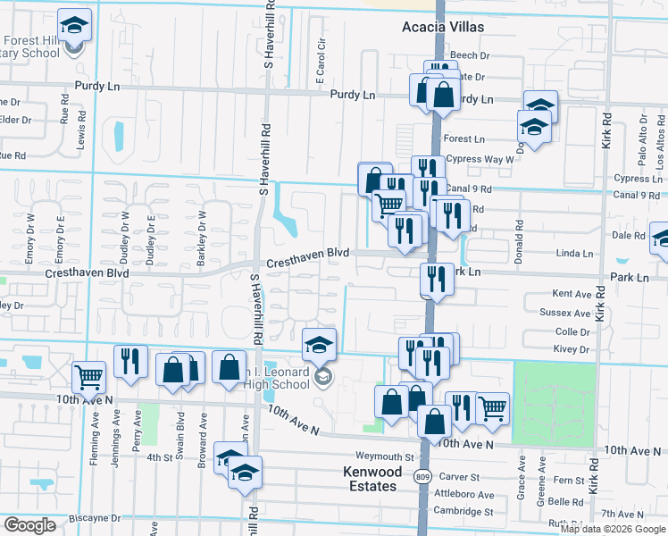 map of restaurants, bars, coffee shops, grocery stores, and more near 4796 Cresthaven Boulevard in West Palm Beach