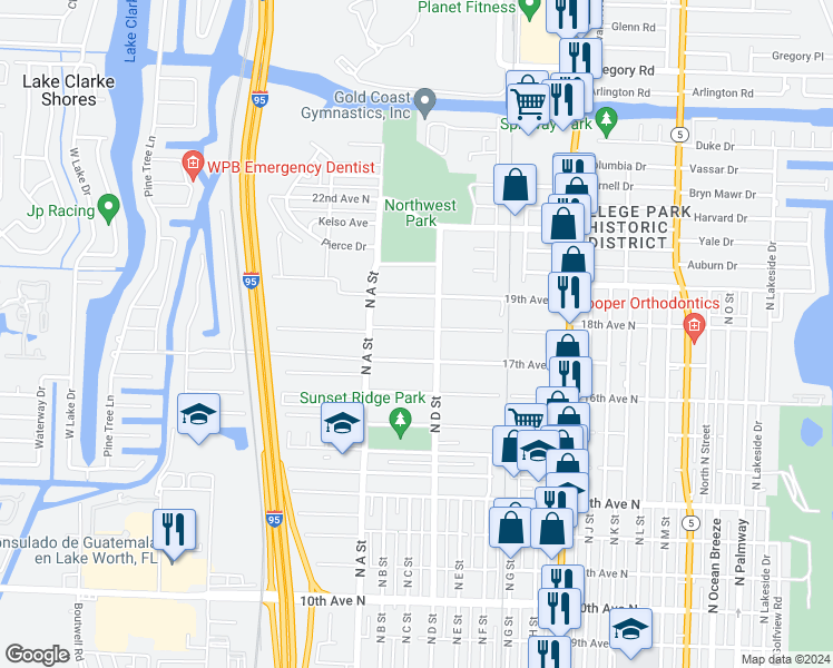 map of restaurants, bars, coffee shops, grocery stores, and more near 1505 18th Avenue North in Lake Worth