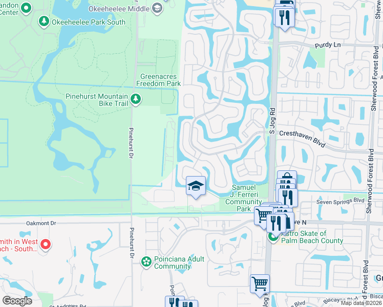 map of restaurants, bars, coffee shops, grocery stores, and more near 105 Caribe Court in Greenacres