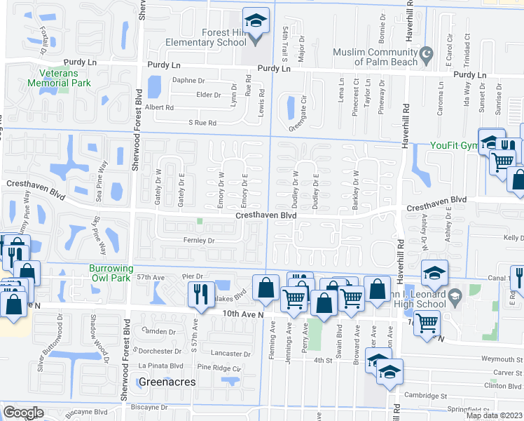 map of restaurants, bars, coffee shops, grocery stores, and more near 2766 Emory Drive East in West Palm Beach