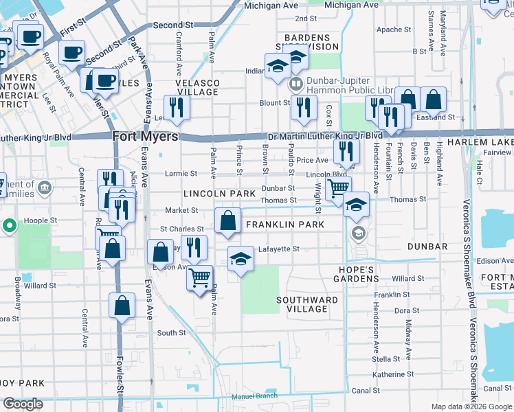 map of restaurants, bars, coffee shops, grocery stores, and more near 2930 Thomas Street in Fort Myers