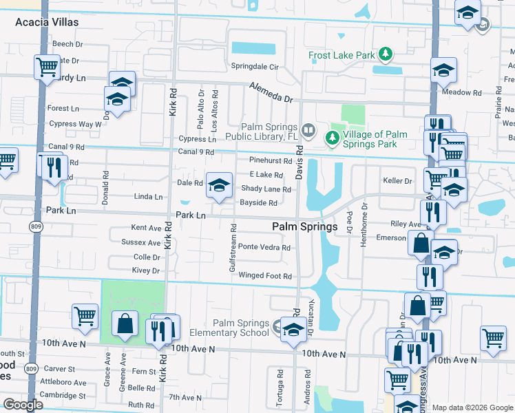 map of restaurants, bars, coffee shops, grocery stores, and more near 341 Bayside Road in Palm Springs