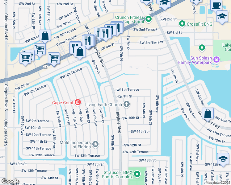 map of restaurants, bars, coffee shops, grocery stores, and more near 746 Southwest 8th Terrace in Cape Coral