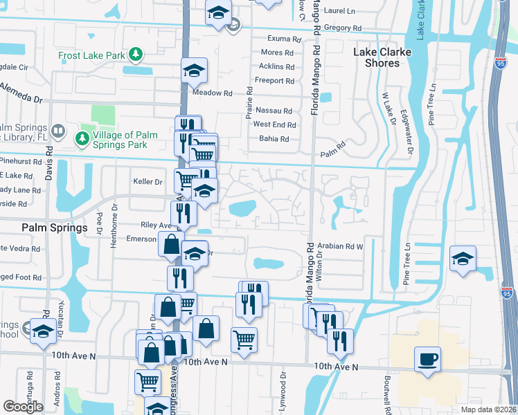 map of restaurants, bars, coffee shops, grocery stores, and more near 397 Lake Arbor Drive in Palm Springs