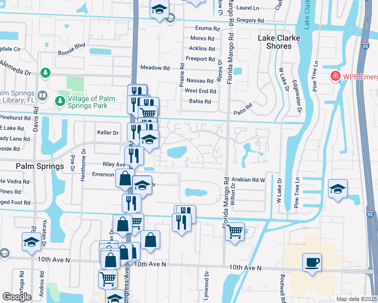 map of restaurants, bars, coffee shops, grocery stores, and more near 397 Lake Arbor Drive in Palm Springs