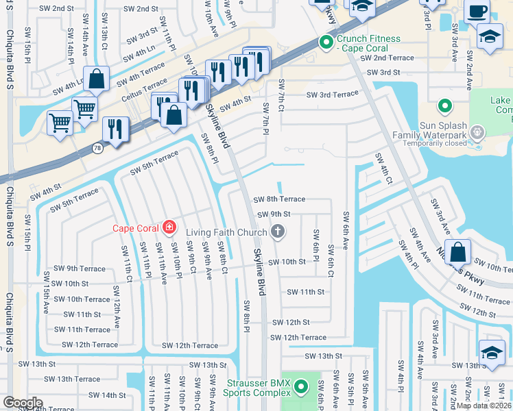 map of restaurants, bars, coffee shops, grocery stores, and more near 746 Southwest 8th Terrace in Cape Coral