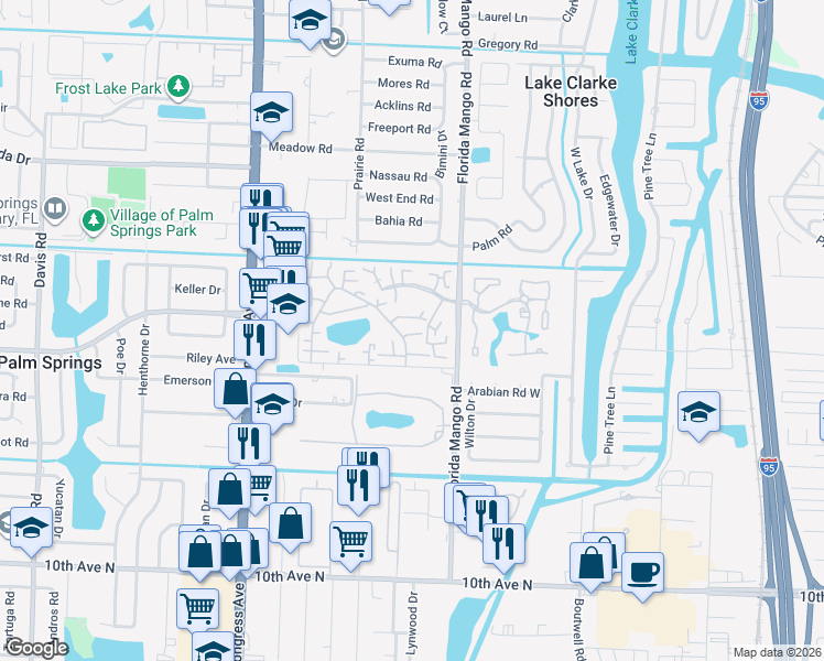 map of restaurants, bars, coffee shops, grocery stores, and more near 189 Lake Arbor Drive in Palm Springs