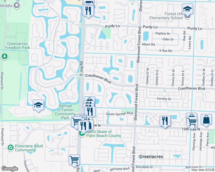 map of restaurants, bars, coffee shops, grocery stores, and more near 703 Sunny Pine Way in Greenacres