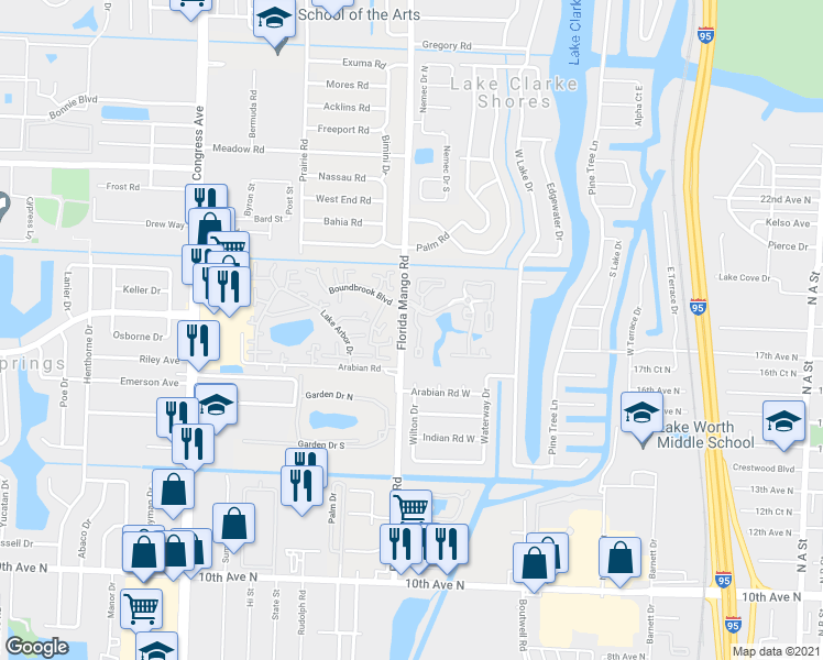 map of restaurants, bars, coffee shops, grocery stores, and more near 8169 Andover Court in West Palm Beach