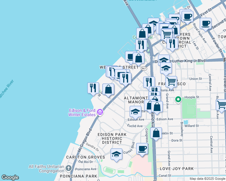 map of restaurants, bars, coffee shops, grocery stores, and more near 2250 McGregor Boulevard in Fort Myers
