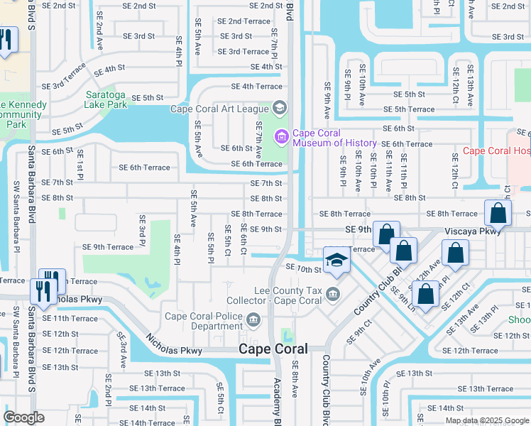 map of restaurants, bars, coffee shops, grocery stores, and more near 619 Southeast 8th Terrace in Cape Coral