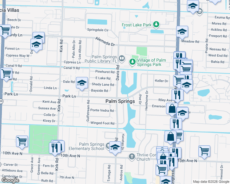 map of restaurants, bars, coffee shops, grocery stores, and more near 309 Davis Road in Palm Springs