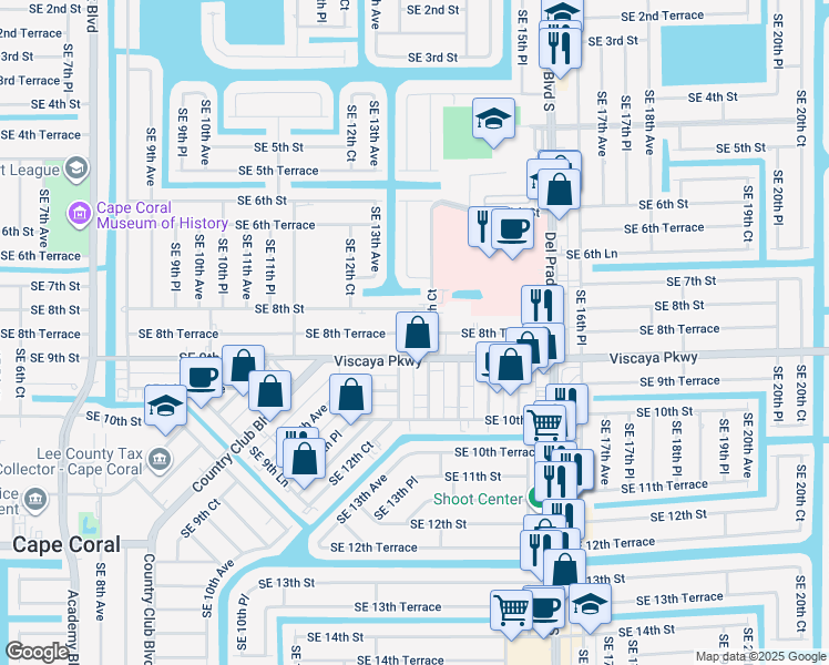 map of restaurants, bars, coffee shops, grocery stores, and more near 821 Southeast 13th Place in Cape Coral