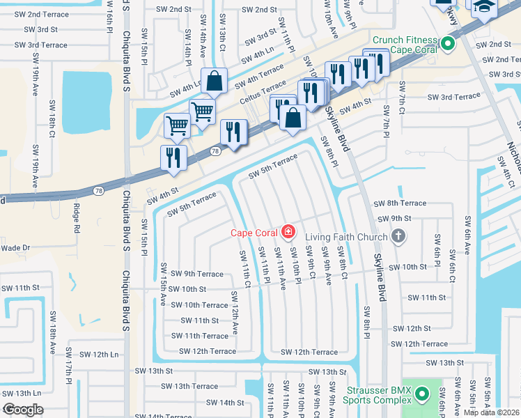 map of restaurants, bars, coffee shops, grocery stores, and more near 614 Southwest 11th Avenue in Cape Coral