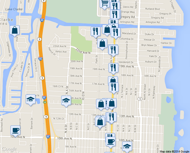 map of restaurants, bars, coffee shops, grocery stores, and more near 1209 18th Avenue North in Lake Worth