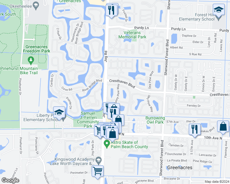 map of restaurants, bars, coffee shops, grocery stores, and more near 727 Sunny Pine Way in Greenacres