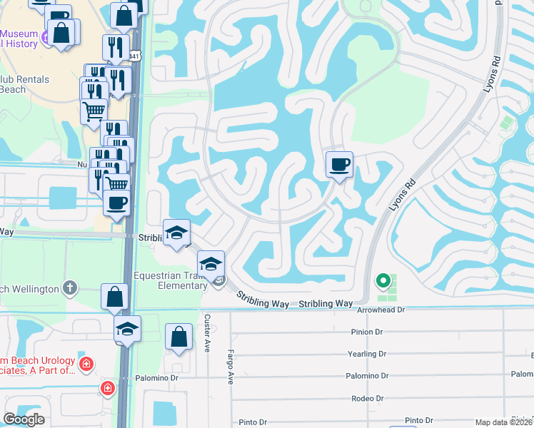map of restaurants, bars, coffee shops, grocery stores, and more near 9517 McAneeny Court in Wellington