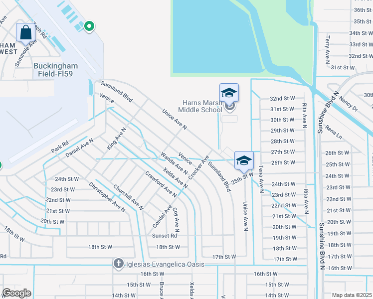 map of restaurants, bars, coffee shops, grocery stores, and more near 2531 Sunniland Boulevard in Lehigh Acres