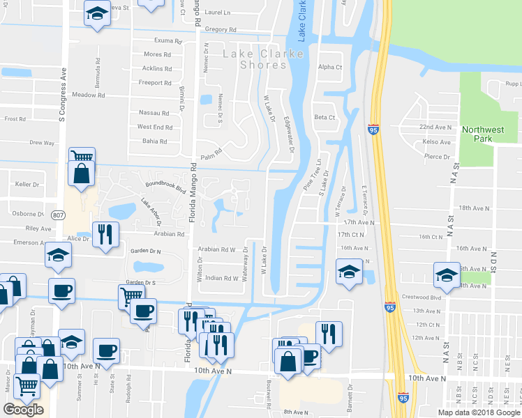 map of restaurants, bars, coffee shops, grocery stores, and more near 8111 West Lake Drive in West Palm Beach