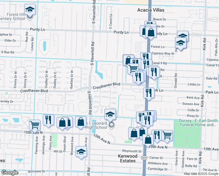 map of restaurants, bars, coffee shops, grocery stores, and more near 2751 Ashley Drive East in West Palm Beach