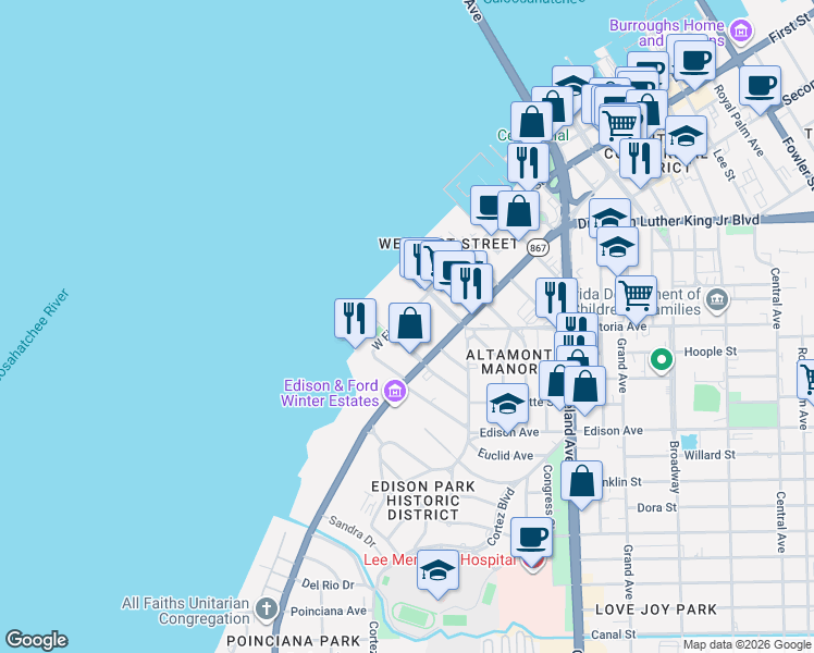 map of restaurants, bars, coffee shops, grocery stores, and more near 2250 McGregor Boulevard in Fort Myers